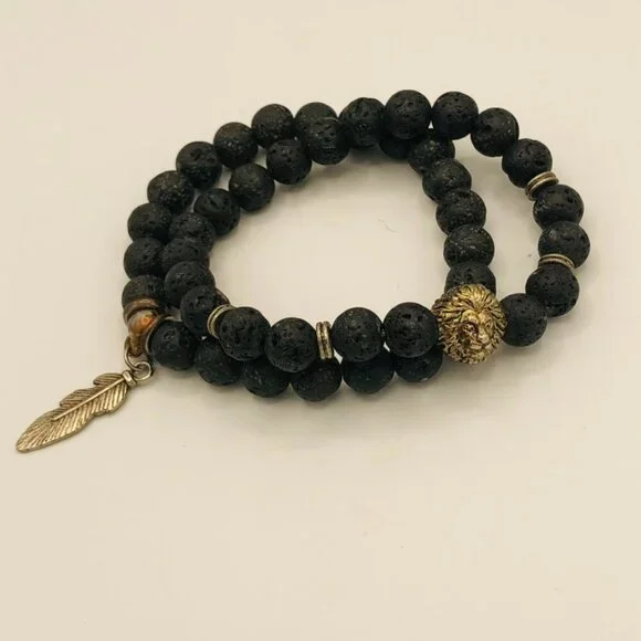 Set of Lava Stone Stretch Bracelets with Accent Beads - Picture 6 of 6